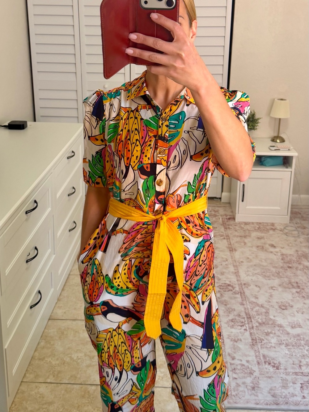 FARM Rio Multicolor Tropical Print Jumpsuit with Yellow Belt - Picture 8 of 8